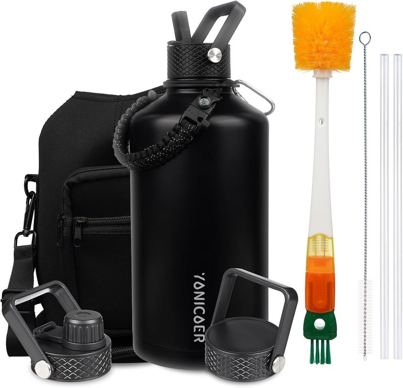YONICOER Insulated Water Bottle 128oz,Triple Wall Vacuum Stainless Steel(Dishwasher Safe),Leak Proof & Non-BPA,Flask Jug with Paracord Handle & Straw Spout Lids Sports Black - Image 1